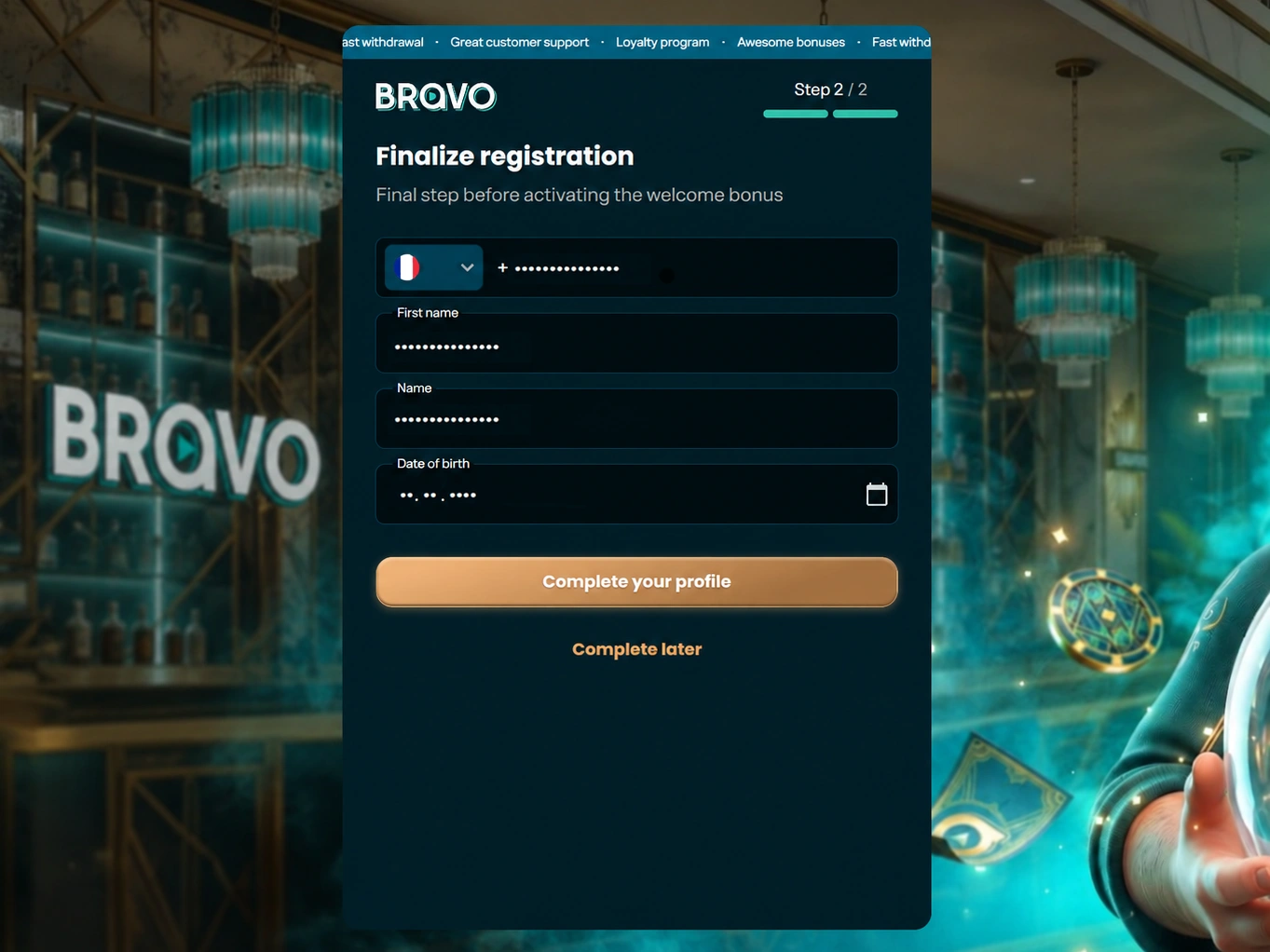 Écran Finalize registration avec indicateur Step 2/2 et option Complete later visible