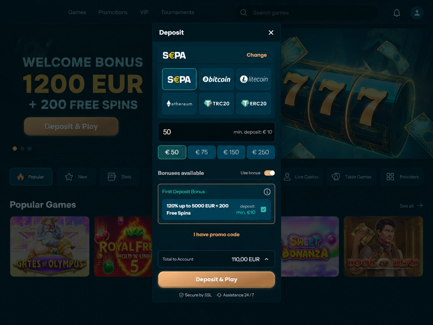 Fenêtre Deposit avec SEPA sélectionné, montant de 50 € et bonus de premier dépôt activé
